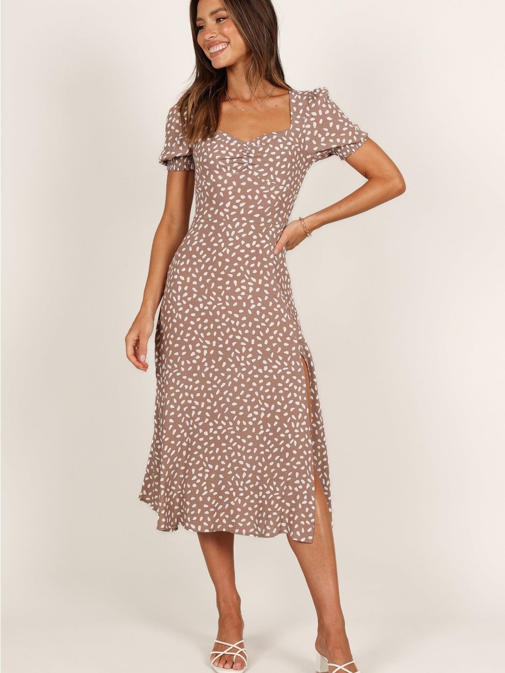 Flutter Sleeve Midi Dress in Mauve Dot